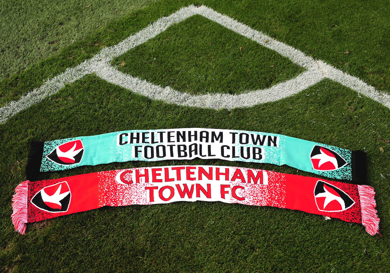 Cheltenham Town has new red and mint scarfs to pair with their home and away kits. 